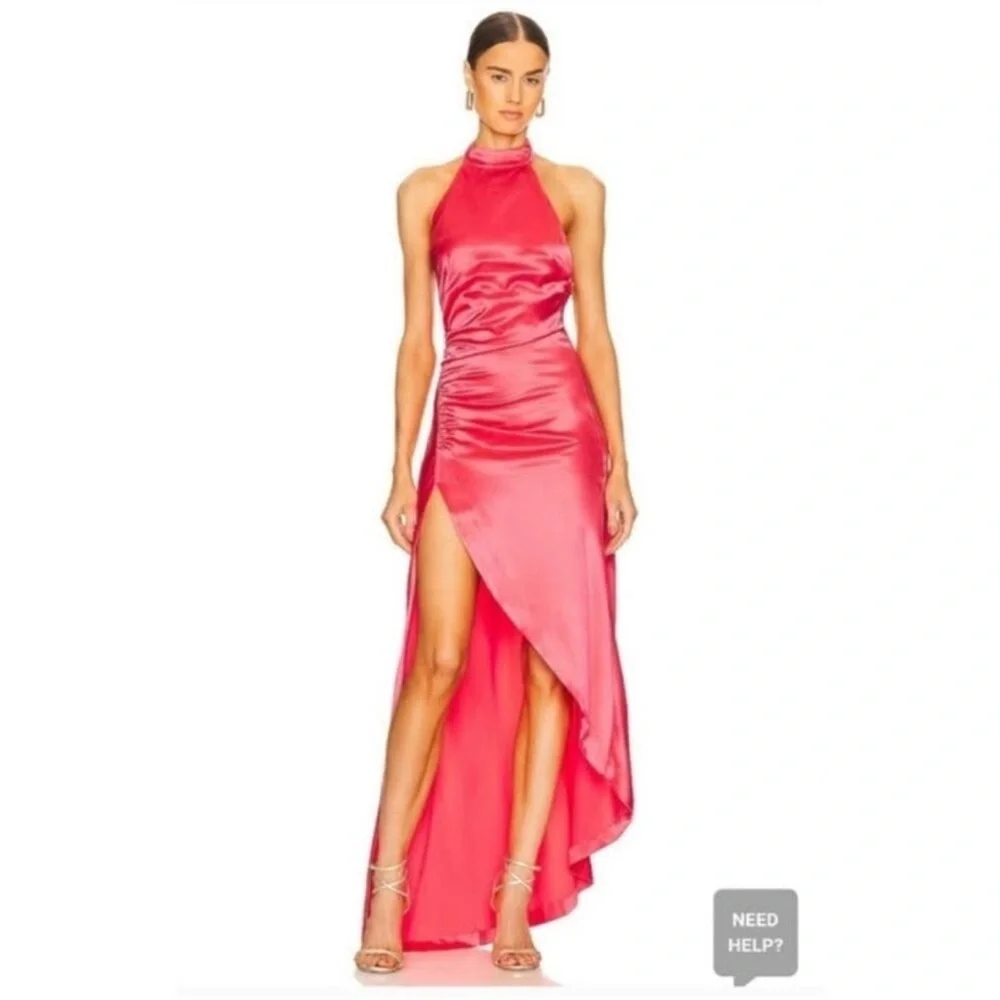 NWT Retrofete Dress Sabrina Cowl Halter Neck Open Back Maxi Gown in Satin Coral